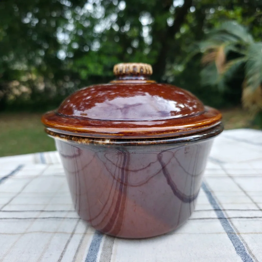 Hull Pottery Casserole Dish w/ Lid Oven Proof USA Mirror Brown Drip Oval 10 Inch